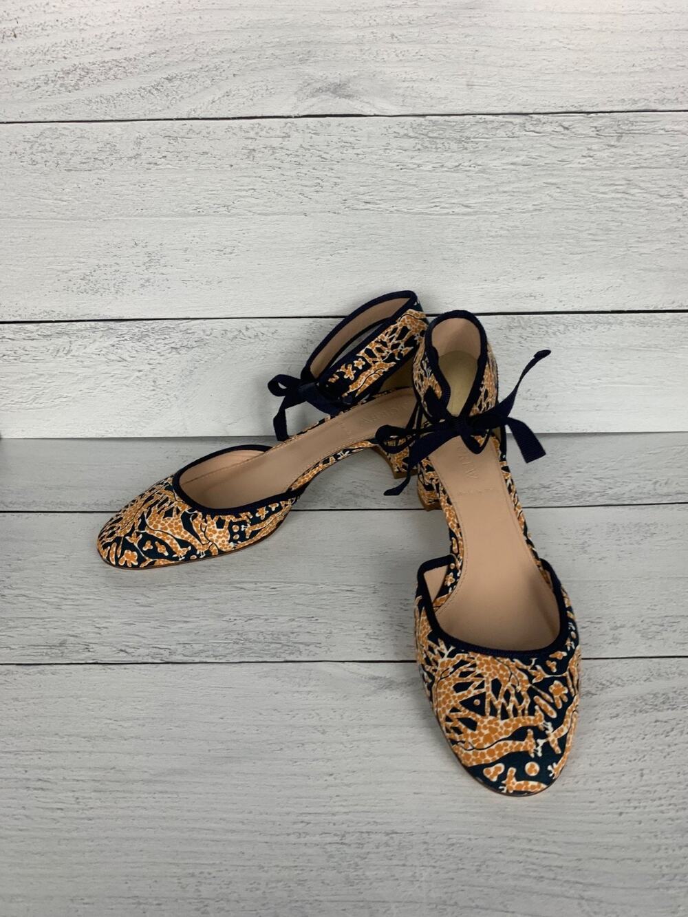 Drake's for J.Crew Women's 8 Giraffe Print Block Heels Ankle Ribbon Strap Shoes
